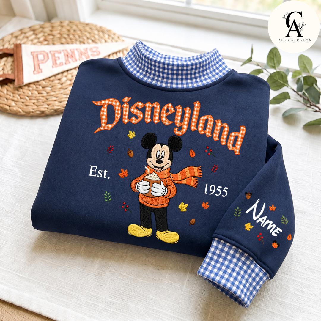 Personalized Embroidered Disney Fall Applique Gingham Mock Neck Sweatshirt with Mickey Minnie Pooh Stitch – Halloween Crewneck Sweater - photo 2