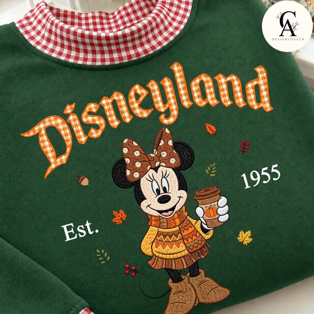 Personalized Embroidered Disney Fall Applique Gingham Mock Neck Sweatshirt with Mickey Minnie Pooh Stitch – Halloween Crewneck Sweater - photo 3
