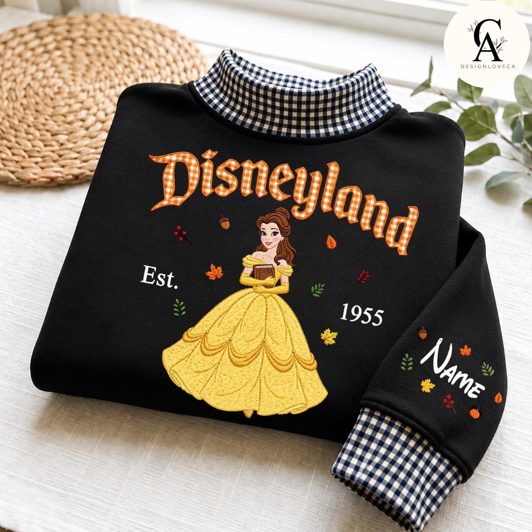 Personalized Embroidered Disney Fall Applique Gingham Mock Neck Sweatshirt with Mickey Minnie Pooh Stitch – Halloween Crewneck Sweater - photo 4