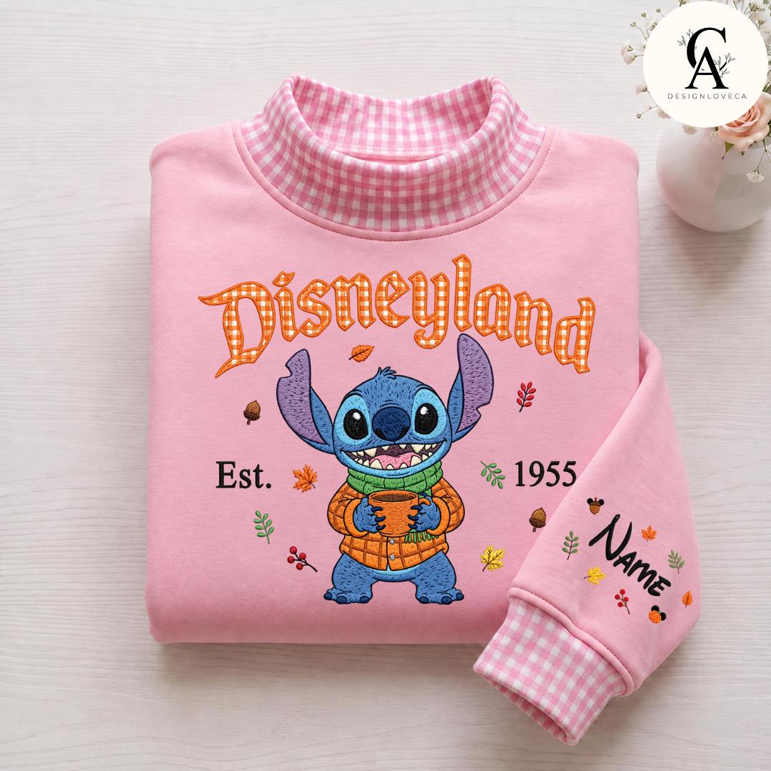 Personalized Embroidered Disney Fall Applique Gingham Mock Neck Sweatshirt with Mickey Minnie Pooh Stitch – Halloween Crewneck Sweater - photo 5