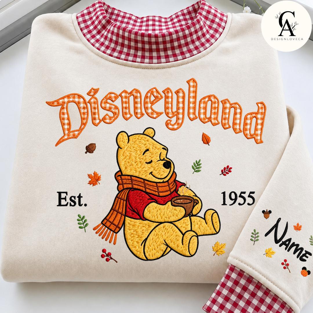 Personalized Embroidered Disney Fall Applique Gingham Mock Neck Sweatshirt with Mickey Minnie Pooh Stitch – Halloween Crewneck Sweater - photo 6