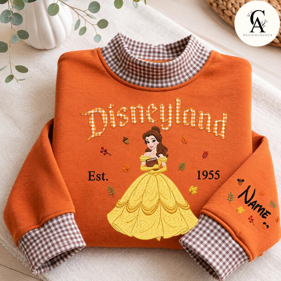 Personalized Embroidered Disney Fall Applique Gingham Mock Neck Sweatshirt with Mickey Minnie Pooh Stitch – Halloween Crewneck Sweater - photo 7