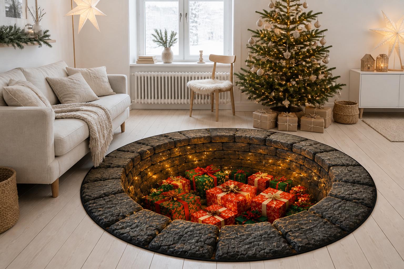 Christmas Round Rug with 3D Present Pile Area Rug, Holiday Fireplace Decor, Christmas Room Carpet, Winter Floor Decor, and Cozy Christmas Gift - photo 3