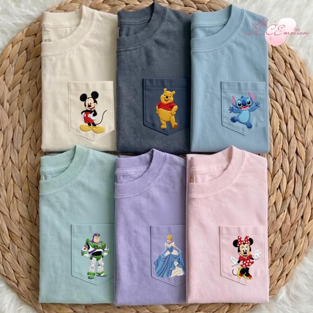 Embroidered Disney Trip Comfort Colors Pocket Shirt with All Characters Mickey Minnie Winnie the Pooh Stitch Toy Story and Princess