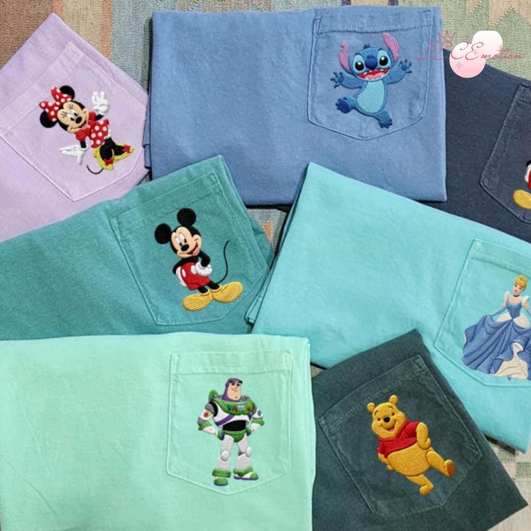 Embroidered Disney Trip Comfort Colors Pocket Shirt with All Characters Mickey Minnie Winnie the Pooh Stitch Toy Story and Princess - photo 3