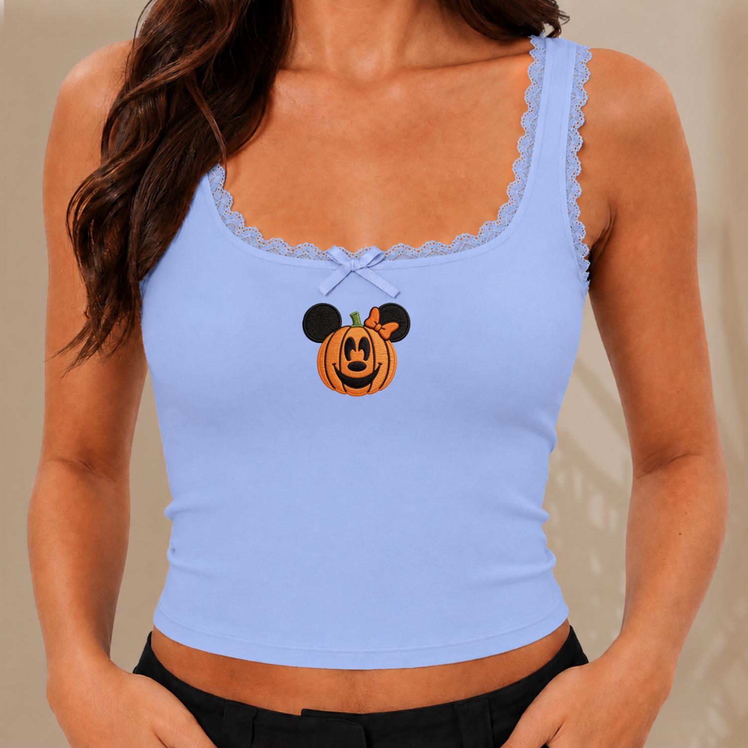 Embroidered Minnie Mouse Pumpkin Tank Top and Cute Fall Crop Top – Disney Halloween Shirt Disneyland Park Outfit Gift for Her - photo 4