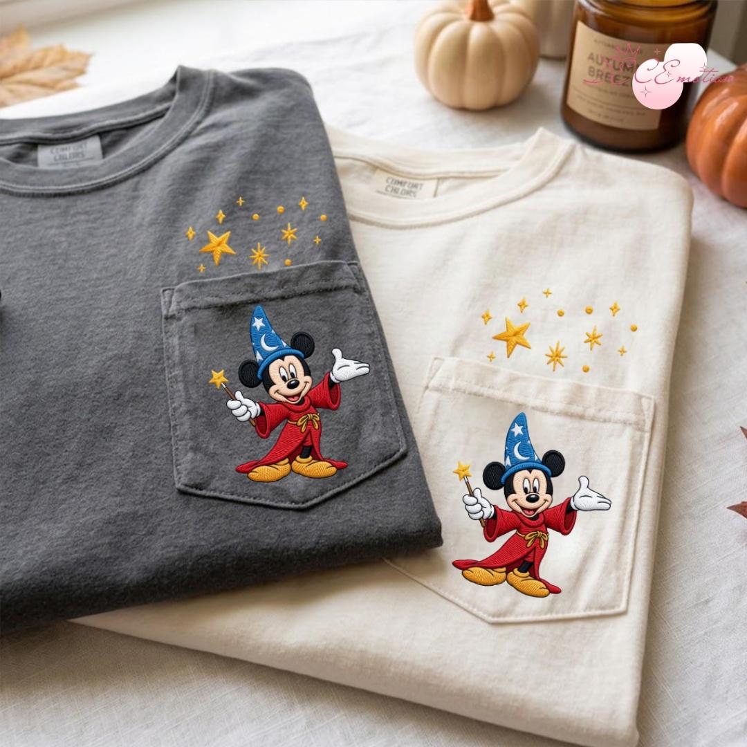 Embroidered Disney Fantasia Sorcerer Mickey Wizard Comfort Colors Pocket Shirt – Fantasmic Some Imagination Huh Trip Tee