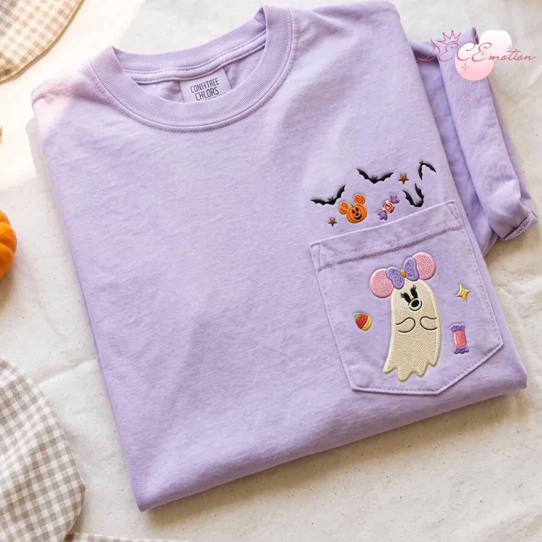 Embroidered Disney Halloween Comfort Colors Pocket Shirt for Mickey's Not So Scary Party – Mickey Minnie Ghost Pumpkin Trip