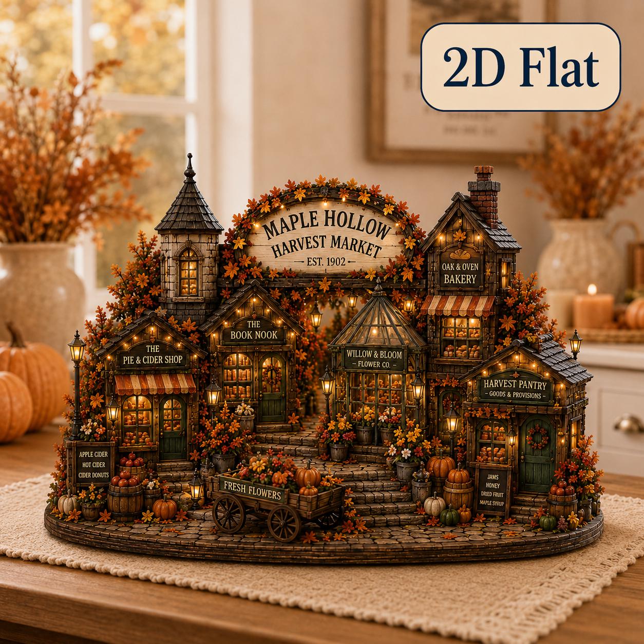 Autumn Market Village Wooden Block with Harvest Bakery Bookshop and Cider Decor, Cozy Fall Shelf Sitter, and Housewarming Gift