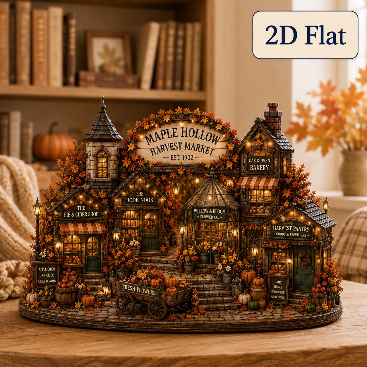 Autumn Market Village Wooden Block with Harvest Bakery Bookshop and Cider Decor, Cozy Fall Shelf Sitter, and Housewarming Gift - photo 3