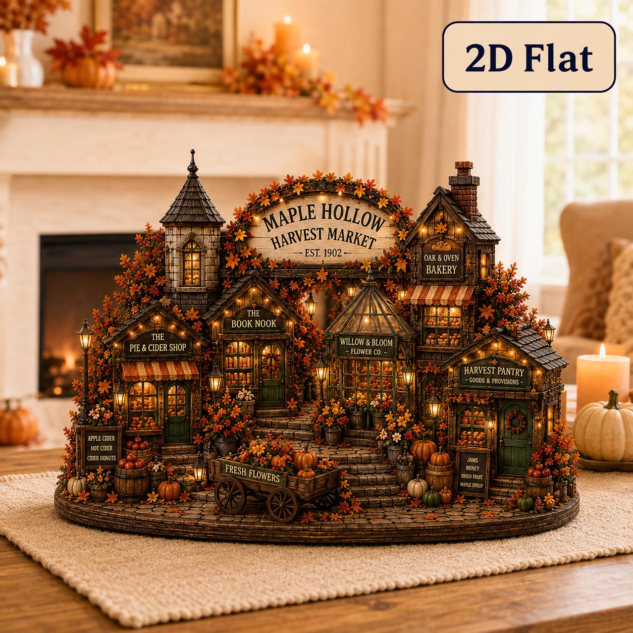 Autumn Market Village Wooden Block with Harvest Bakery Bookshop and Cider Decor, Cozy Fall Shelf Sitter, and Housewarming Gift - photo 4