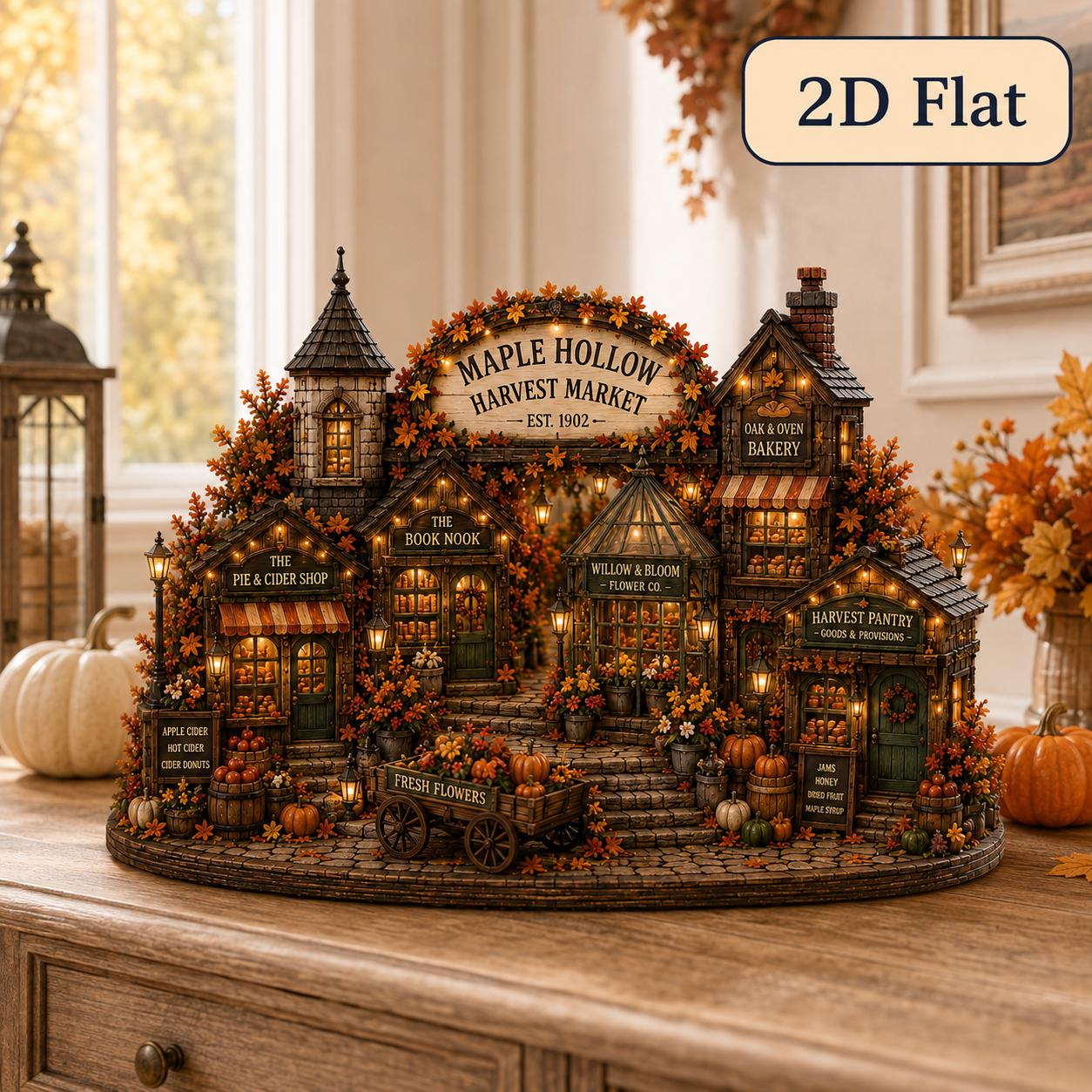 Autumn Market Village Wooden Block with Harvest Bakery Bookshop and Cider Decor, Cozy Fall Shelf Sitter, and Housewarming Gift - photo 5
