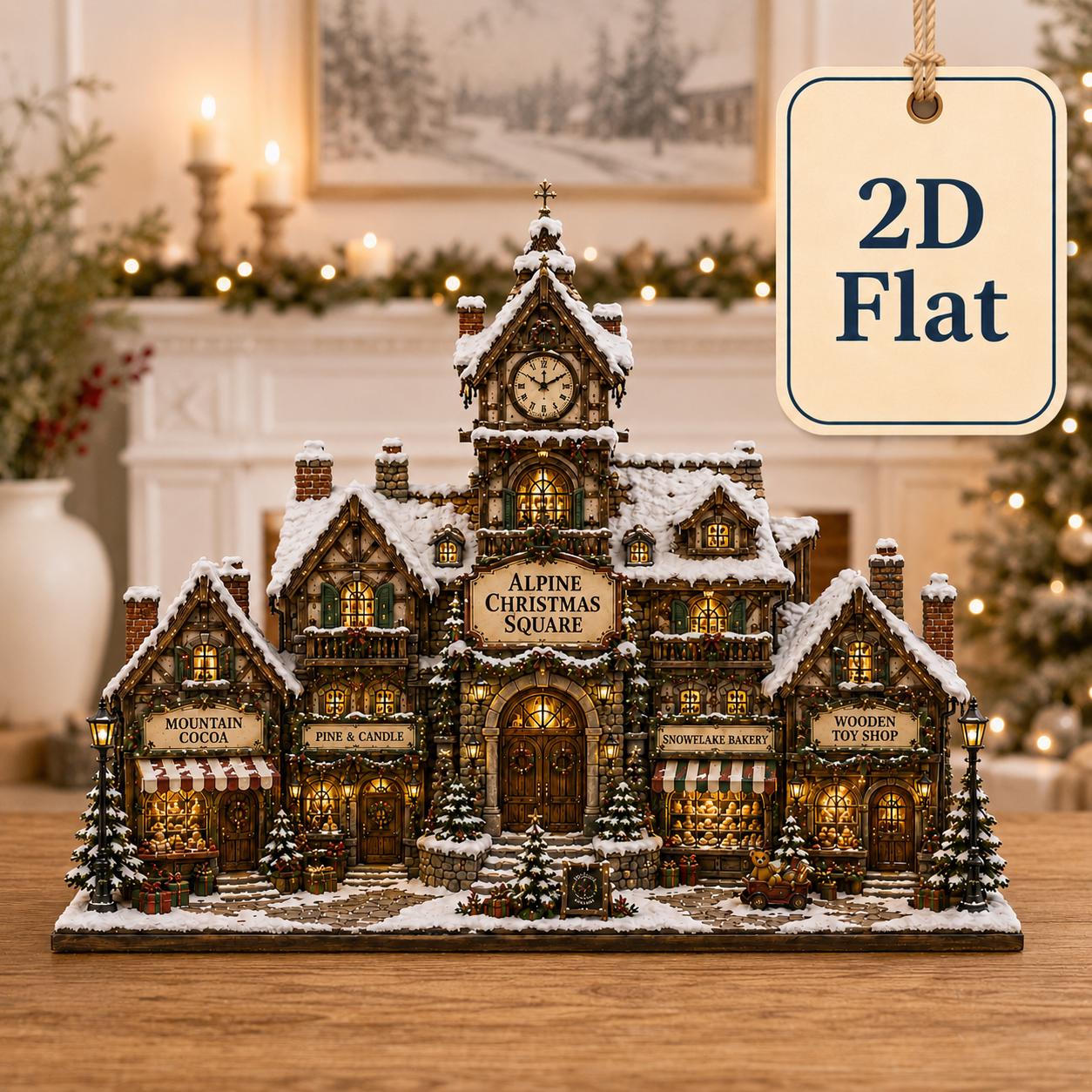 Christmas Market Village Wooden Block with Mistletoe Market Holiday Shelf Sitter, Bakery Toy Shop Decor, and Cozy Winter Mantel Gift for Home