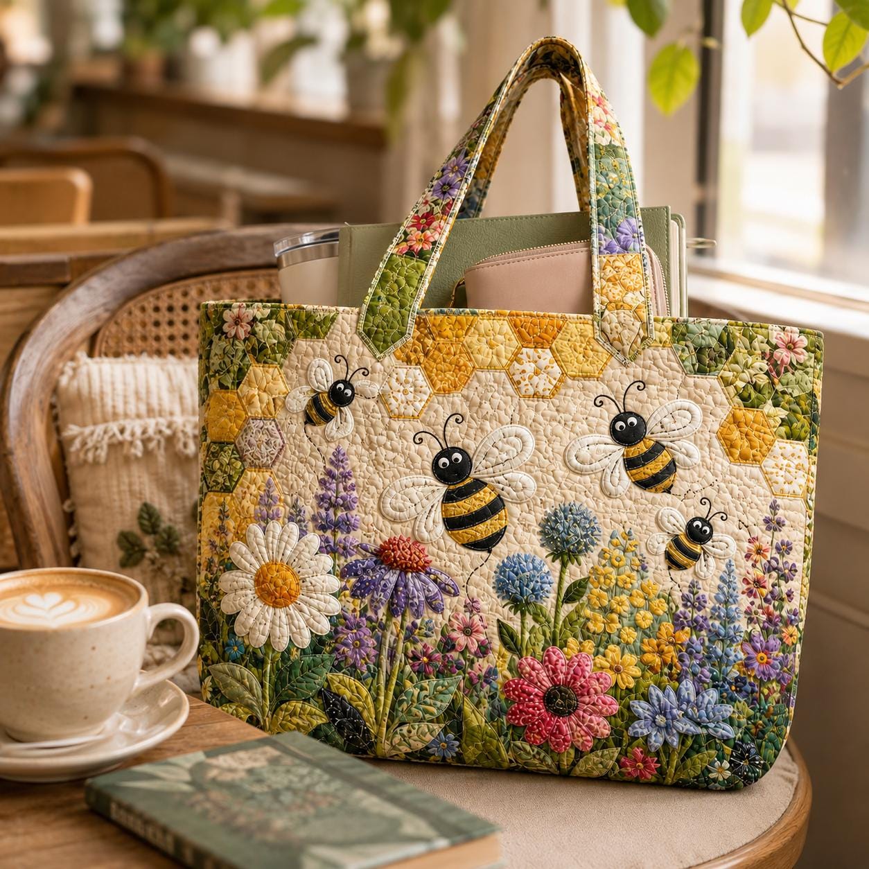 Honey Bee Floral Quilted Tote Bag and Wildflower Patchwork Shoulder Purse – Cottagecore Garden Gift for Her