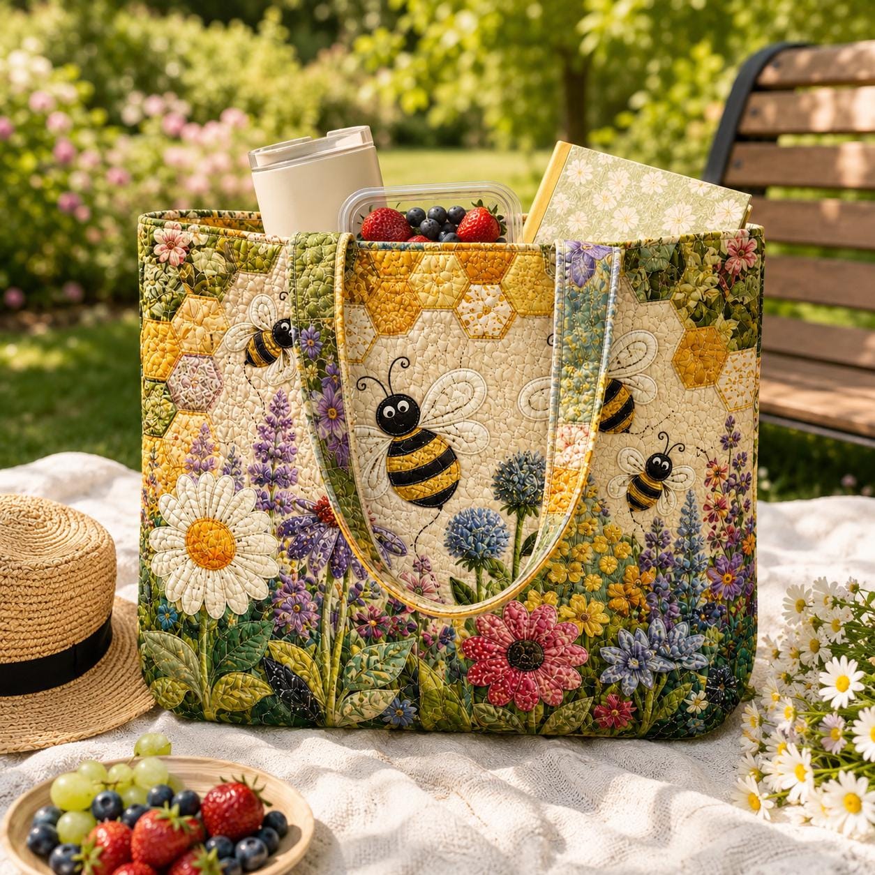 Honey Bee Floral Quilted Tote Bag and Wildflower Patchwork Shoulder Purse – Cottagecore Garden Gift for Her - photo 2