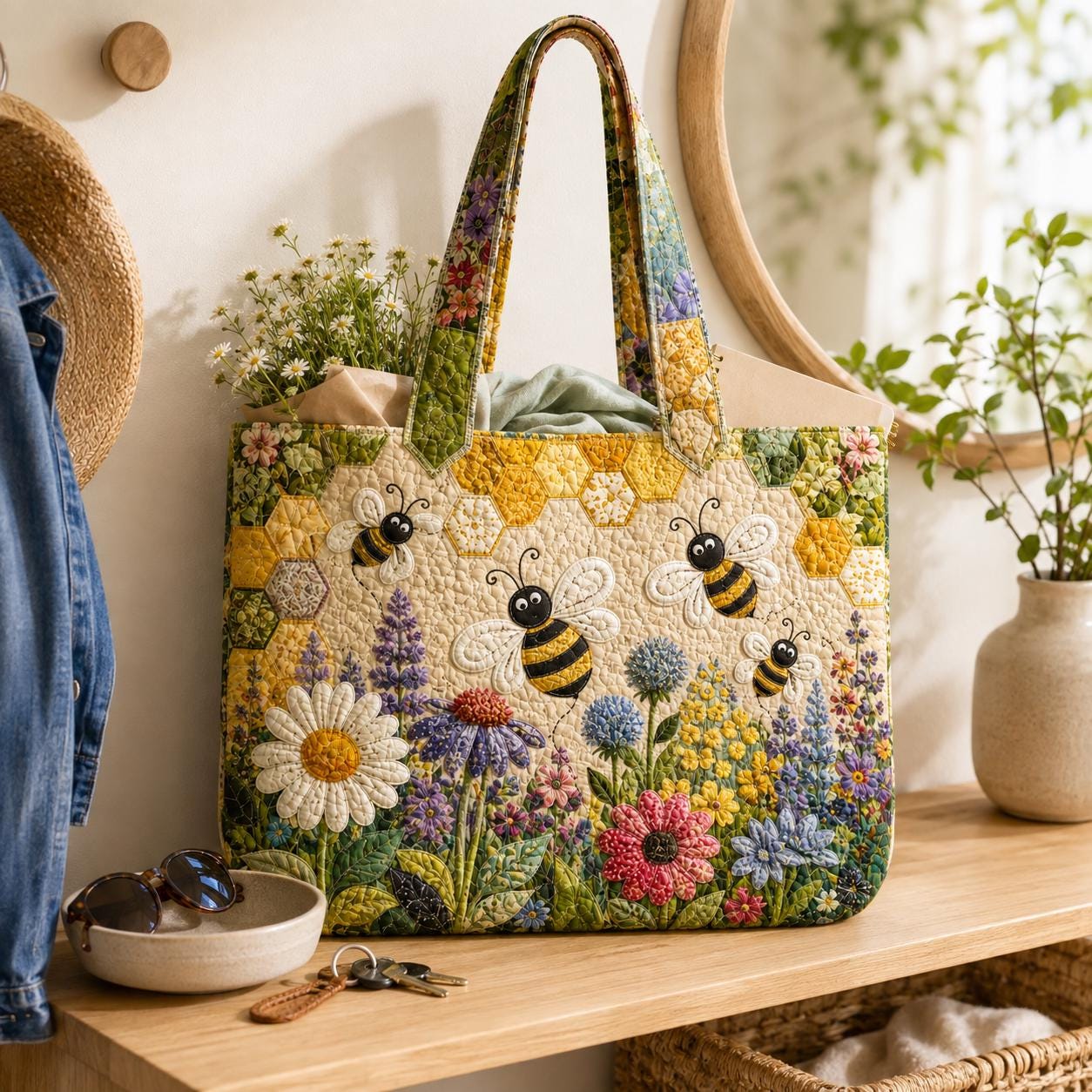 Honey Bee Floral Quilted Tote Bag and Wildflower Patchwork Shoulder Purse – Cottagecore Garden Gift for Her - photo 4