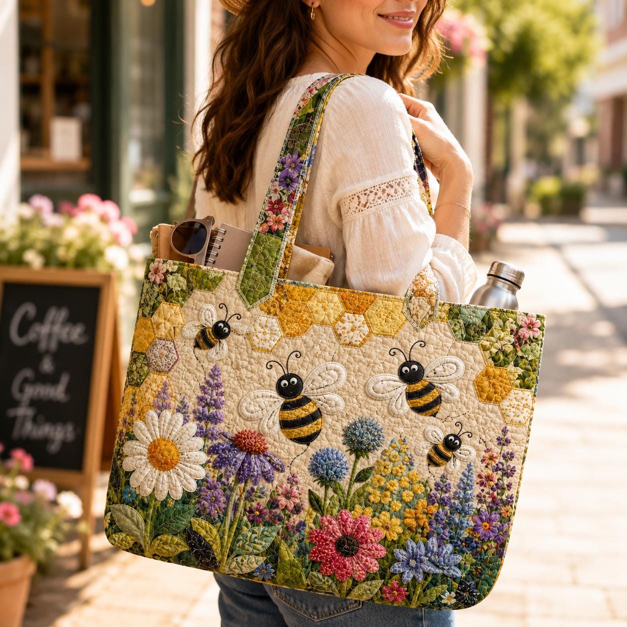 Honey Bee Floral Quilted Tote Bag and Wildflower Patchwork Shoulder Purse – Cottagecore Garden Gift for Her - photo 5