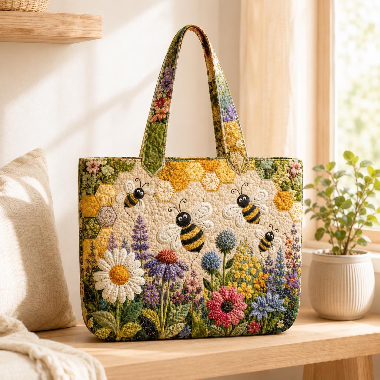 Honey Bee Floral Quilted Tote Bag and Wildflower Patchwork Shoulder Purse – Cottagecore Garden Gift for Her - photo 6