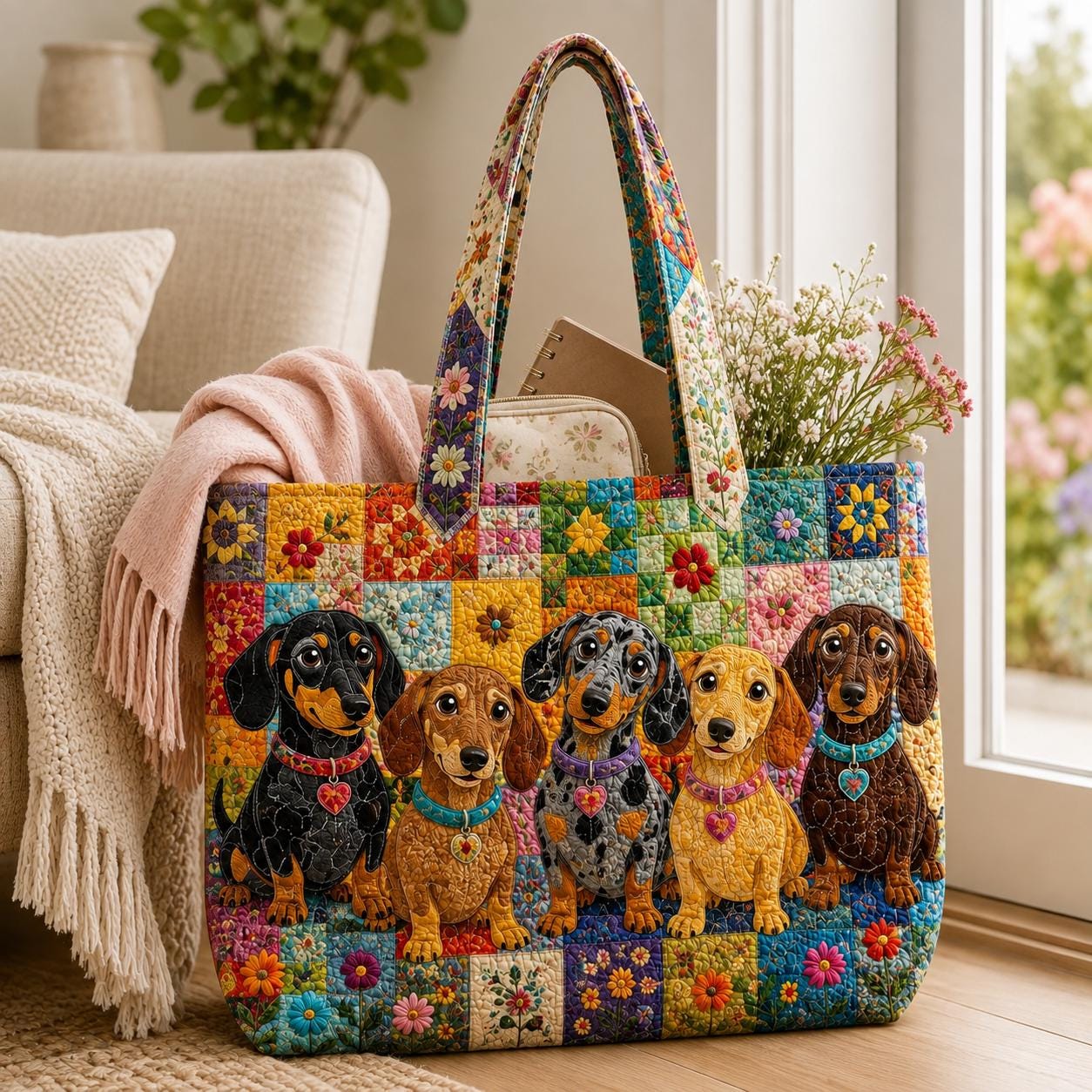 Cute Floral Patchwork Dachshund Quilted Tote Bag – Sausage Dog Shoulder Bag for Dog Mom and Doxie Lover Gift
