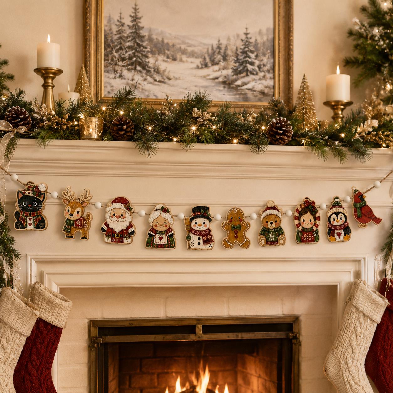 Christmas Wooden Garland with Santa Reindeer Snowman Gingerbread Holiday Banner for Christmas Mantel Home Decor