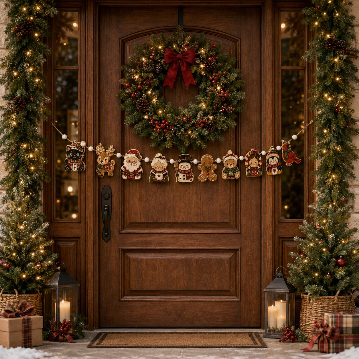 Christmas Wooden Garland with Santa Reindeer Snowman Gingerbread Holiday Banner for Christmas Mantel Home Decor - photo 2
