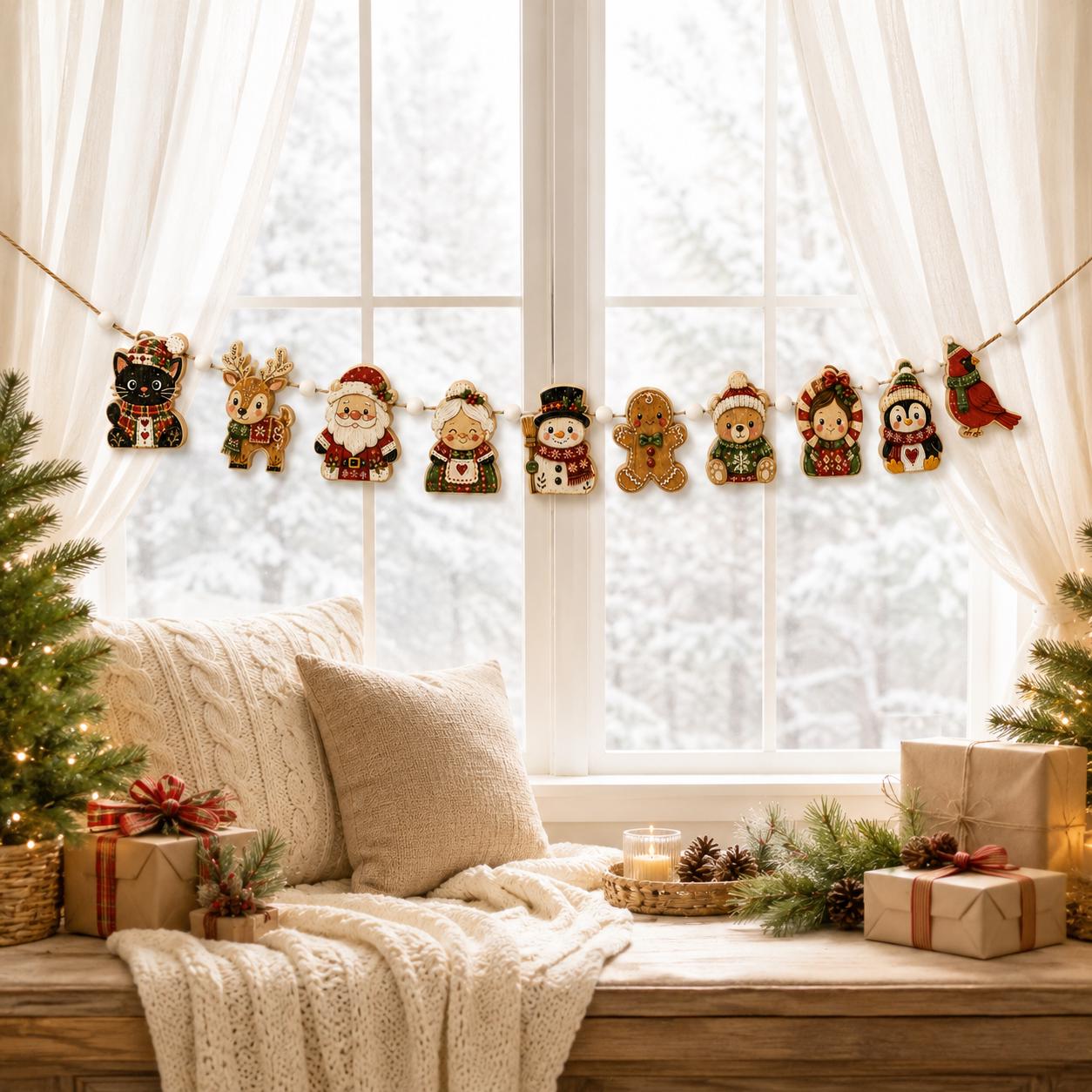 Christmas Wooden Garland with Santa Reindeer Snowman Gingerbread Holiday Banner for Christmas Mantel Home Decor - photo 5