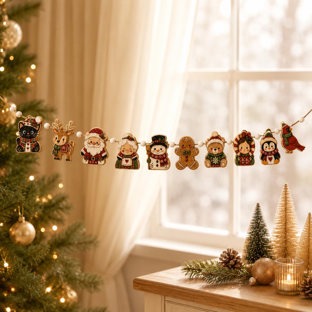 Christmas Wooden Garland with Santa Reindeer Snowman Gingerbread Holiday Banner for Christmas Mantel Home Decor - photo 6