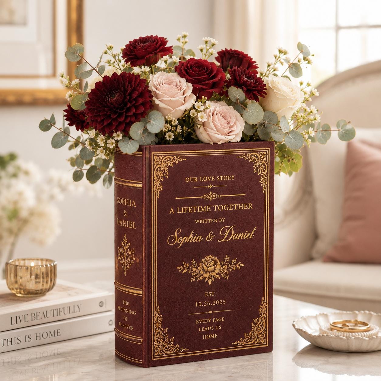 Personalized Custom Couple Romantic Book Vase with Burgundy Floral Wedding Decor – Anniversary and Wedding Gift for Couple