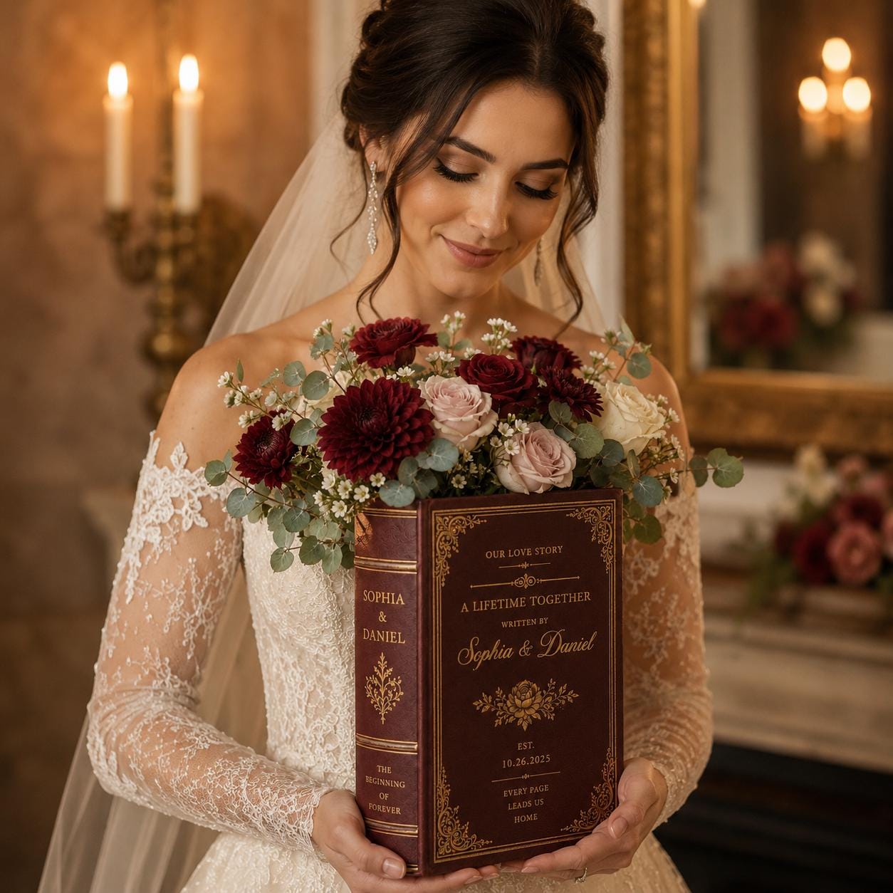 Personalized Custom Couple Romantic Book Vase with Burgundy Floral Wedding Decor – Anniversary and Wedding Gift for Couple - photo 2