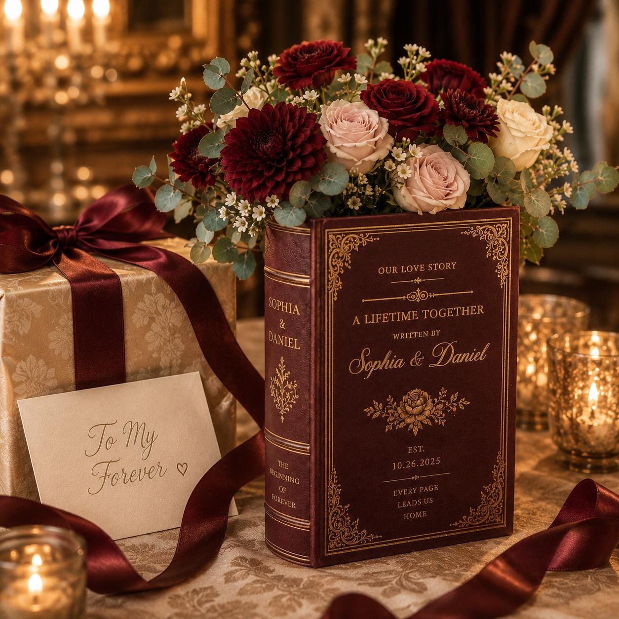 Personalized Custom Couple Romantic Book Vase with Burgundy Floral Wedding Decor – Anniversary and Wedding Gift for Couple - photo 5