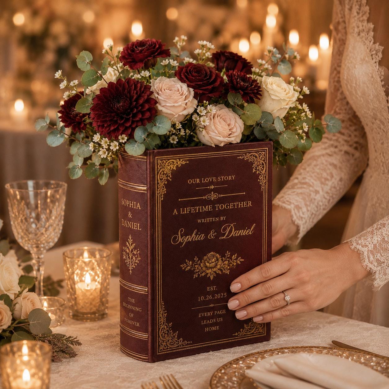 Personalized Custom Couple Romantic Book Vase with Burgundy Floral Wedding Decor – Anniversary and Wedding Gift for Couple - photo 6
