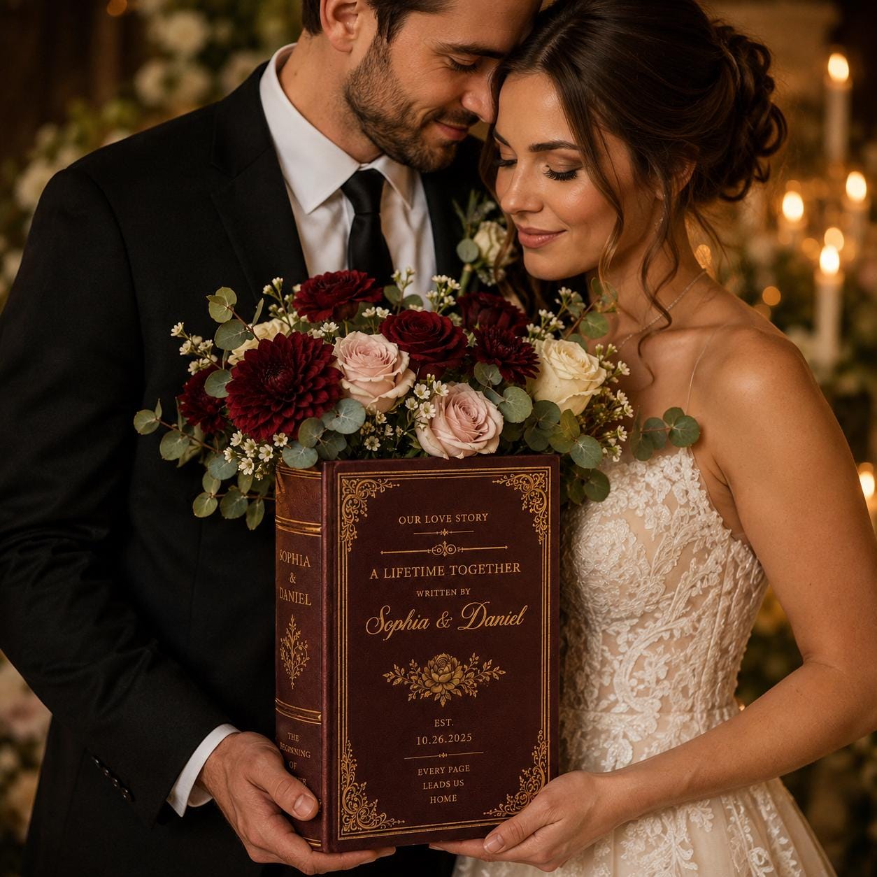 Personalized Custom Couple Romantic Book Vase with Burgundy Floral Wedding Decor – Anniversary and Wedding Gift for Couple - photo 7