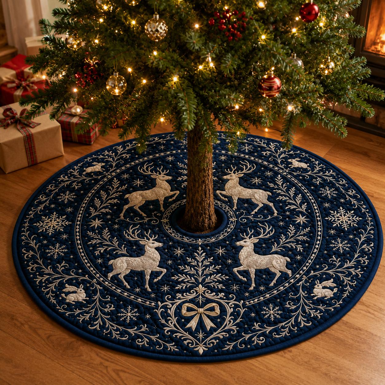 Reindeer Christmas Tree Skirt with Quilt Style Navy Blue Tree Mat, Winter Deer Snowflake Holiday Decor, and Elegant Christmas Tree Decor