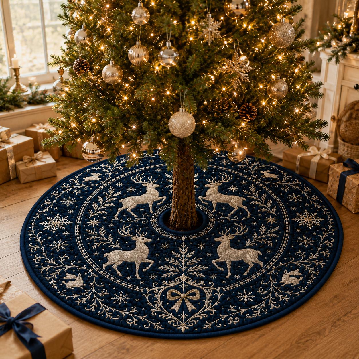 Reindeer Christmas Tree Skirt with Quilt Style Navy Blue Tree Mat, Winter Deer Snowflake Holiday Decor, and Elegant Christmas Tree Decor - photo 2