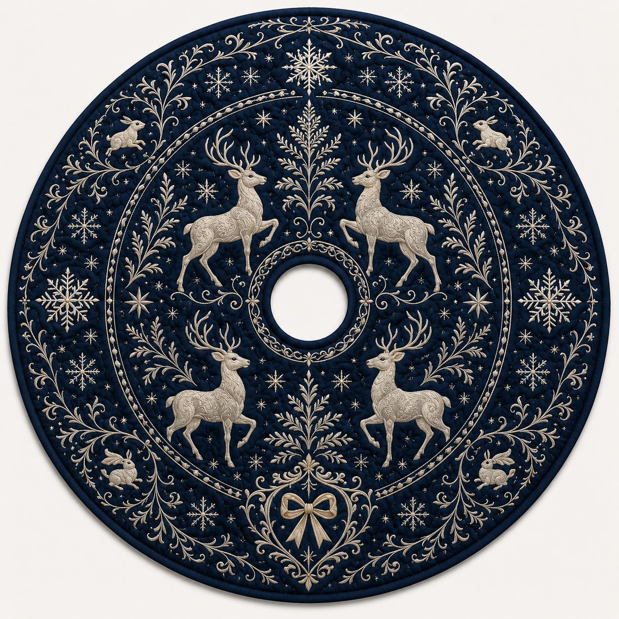 Reindeer Christmas Tree Skirt with Quilt Style Navy Blue Tree Mat, Winter Deer Snowflake Holiday Decor, and Elegant Christmas Tree Decor - photo 3