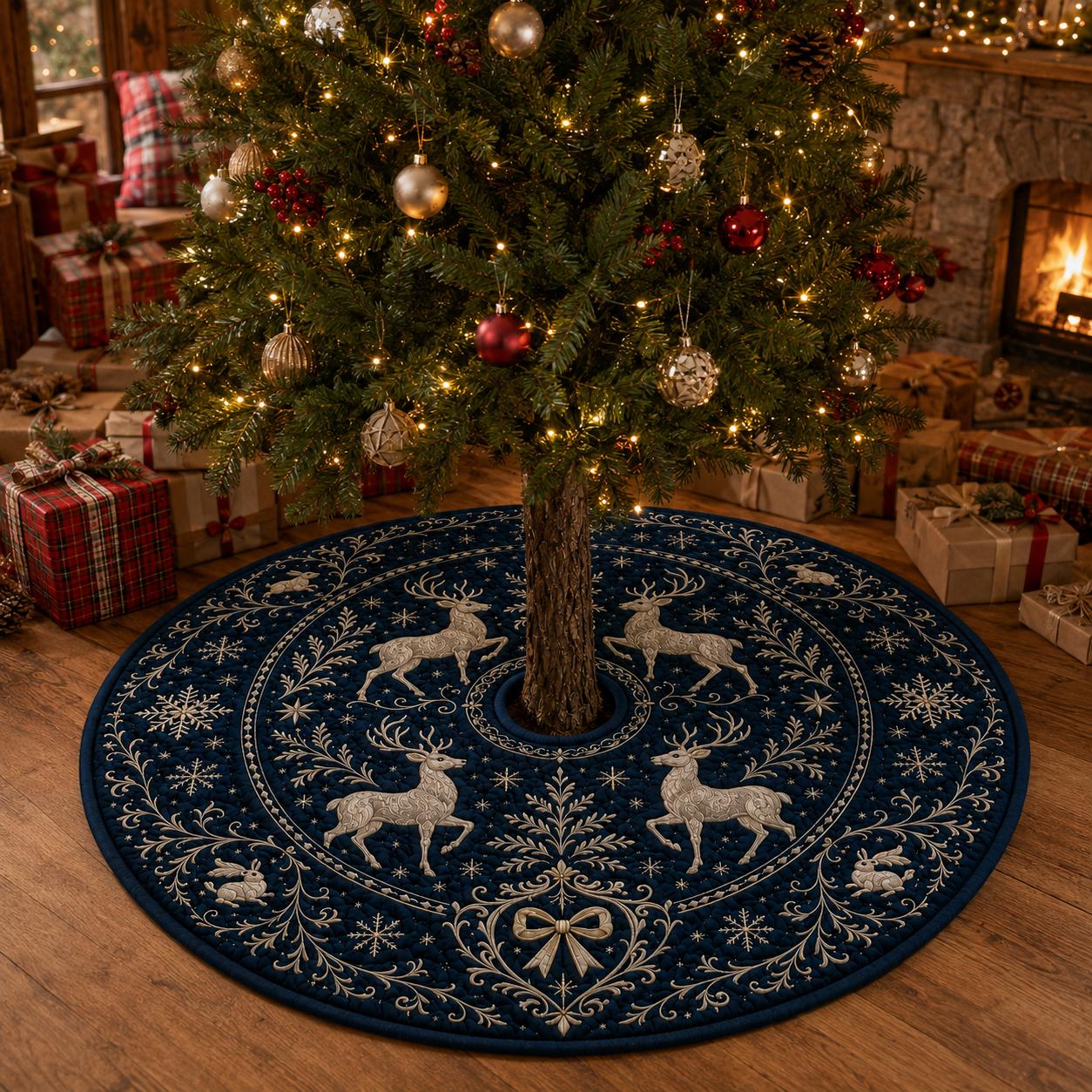 Reindeer Christmas Tree Skirt with Quilt Style Navy Blue Tree Mat, Winter Deer Snowflake Holiday Decor, and Elegant Christmas Tree Decor - photo 5