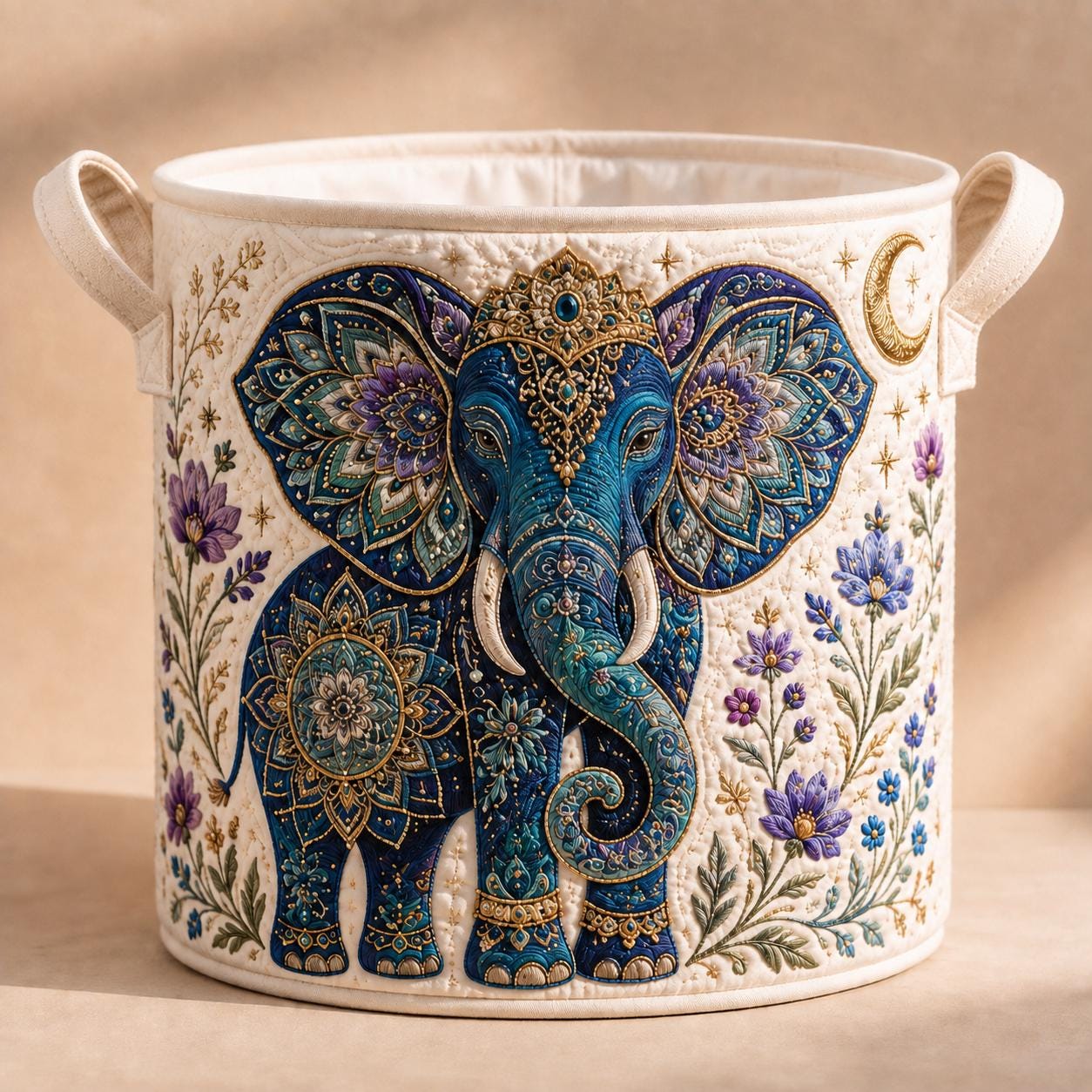Celestial Elephant Quilt Style Laundry Basket and Hamper with Boho Moon and Stars – Mystical Bohemian Home Decor Storage