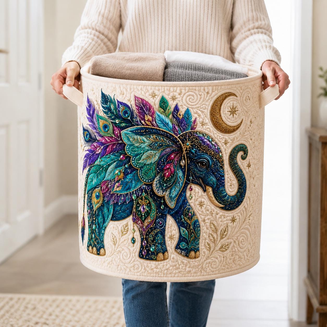 Celestial Elephant Quilt Style Laundry Basket and Hamper with Boho Moon and Stars – Mystical Bohemian Home Decor Storage - photo 3