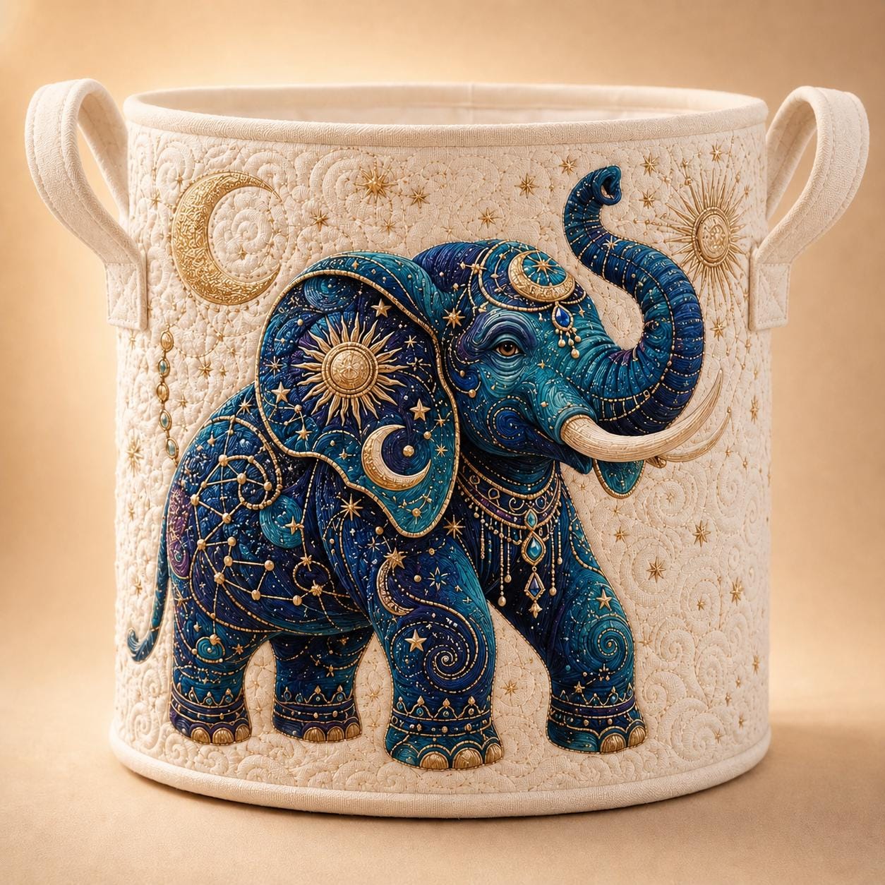 Celestial Elephant Quilt Style Laundry Basket and Hamper with Boho Moon and Stars – Mystical Bohemian Home Decor Storage - photo 5