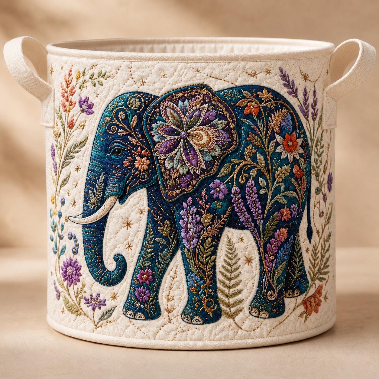 Celestial Elephant Quilt Style Laundry Basket and Hamper with Boho Moon and Stars – Mystical Bohemian Home Decor Storage - photo 6