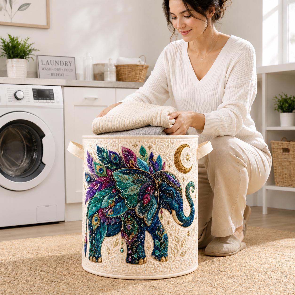 Celestial Elephant Quilt Style Laundry Basket and Hamper with Boho Moon and Stars – Mystical Bohemian Home Decor Storage - photo 8