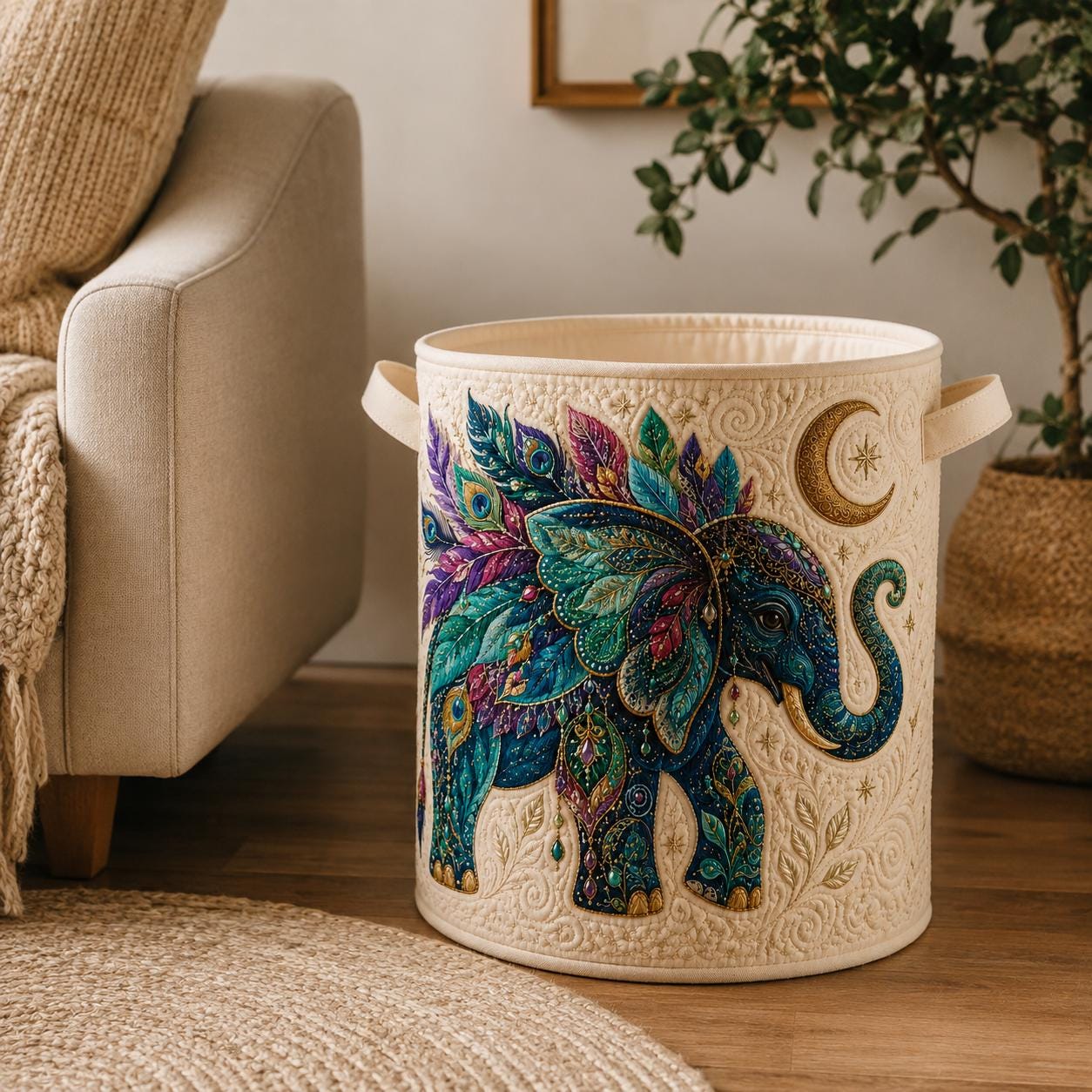 Celestial Elephant Quilt Style Laundry Basket and Hamper with Boho Moon and Stars – Mystical Bohemian Home Decor Storage - photo 10