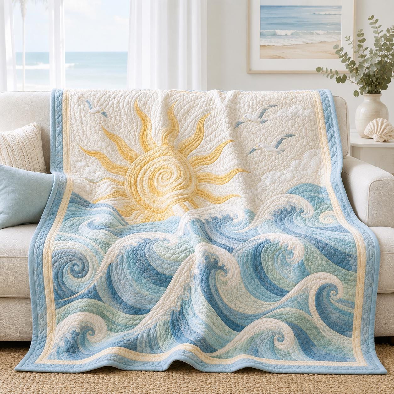 Sun Ocean Wave Coastal Beach Throw Quilt Blanket – Summer Sea Bedding and Beach House Decor Gift for Ocean Lovers