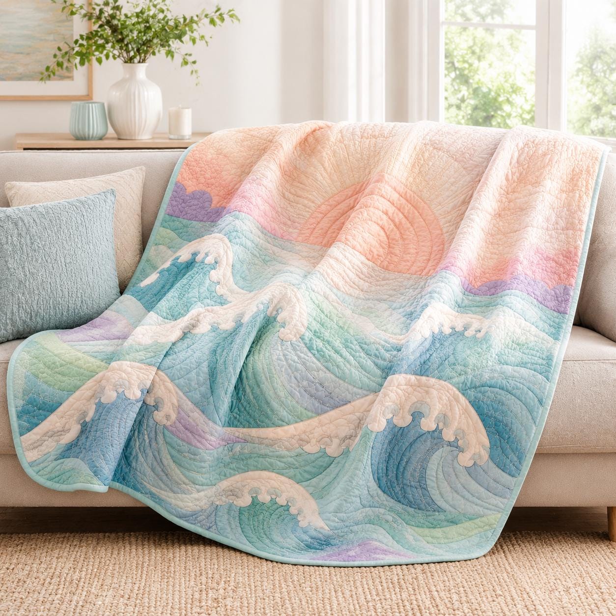 Sun Ocean Wave Coastal Beach Throw Quilt Blanket – Summer Sea Bedding and Beach House Decor Gift for Ocean Lovers - photo 2