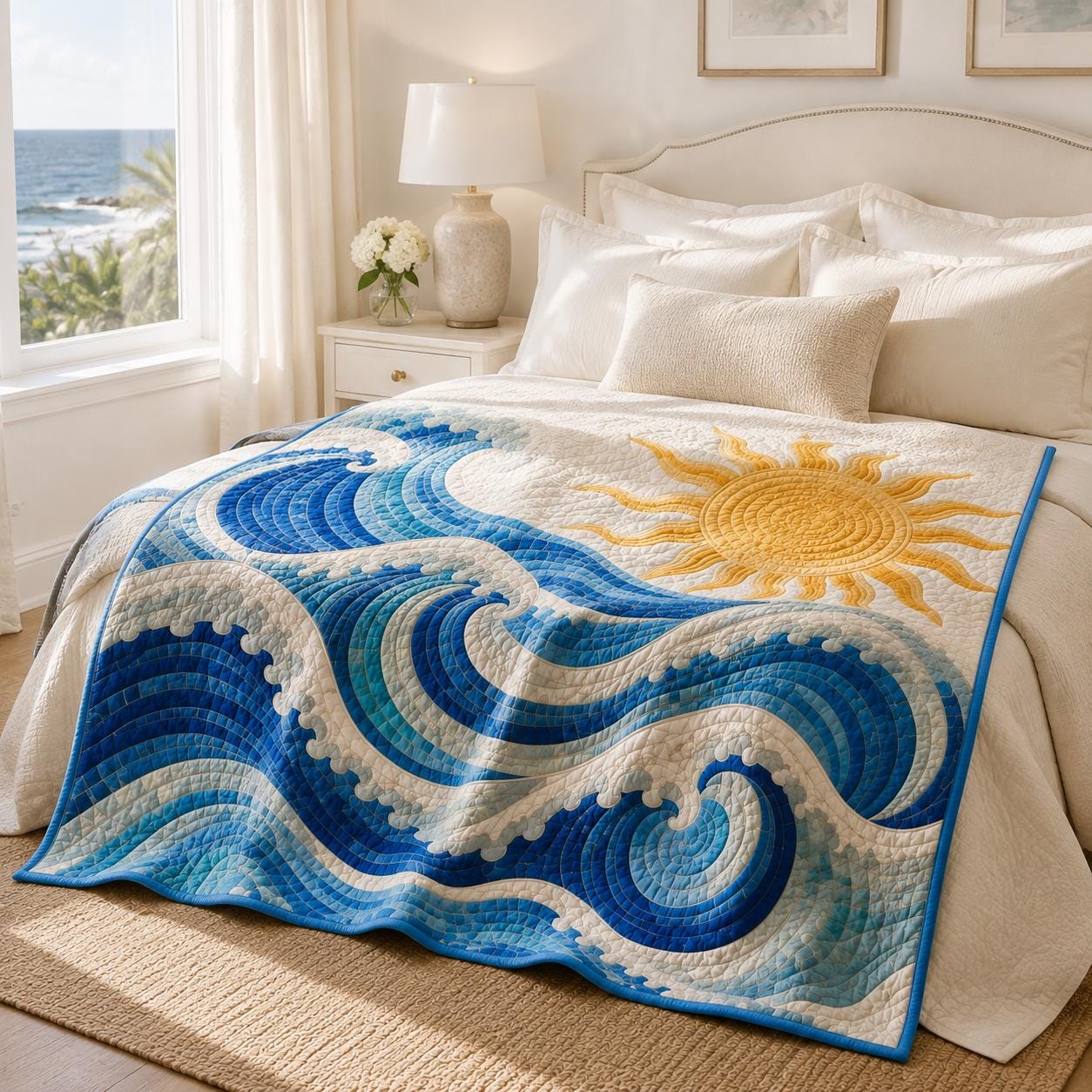Sun Ocean Wave Coastal Beach Throw Quilt Blanket – Summer Sea Bedding and Beach House Decor Gift for Ocean Lovers - photo 3