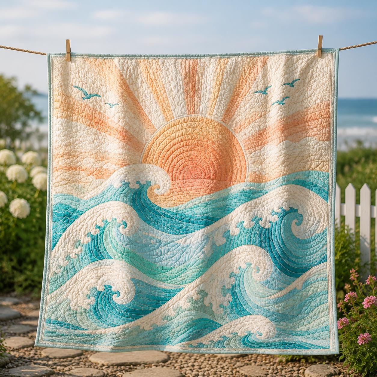 Sun Ocean Wave Coastal Beach Throw Quilt Blanket – Summer Sea Bedding and Beach House Decor Gift for Ocean Lovers - photo 8