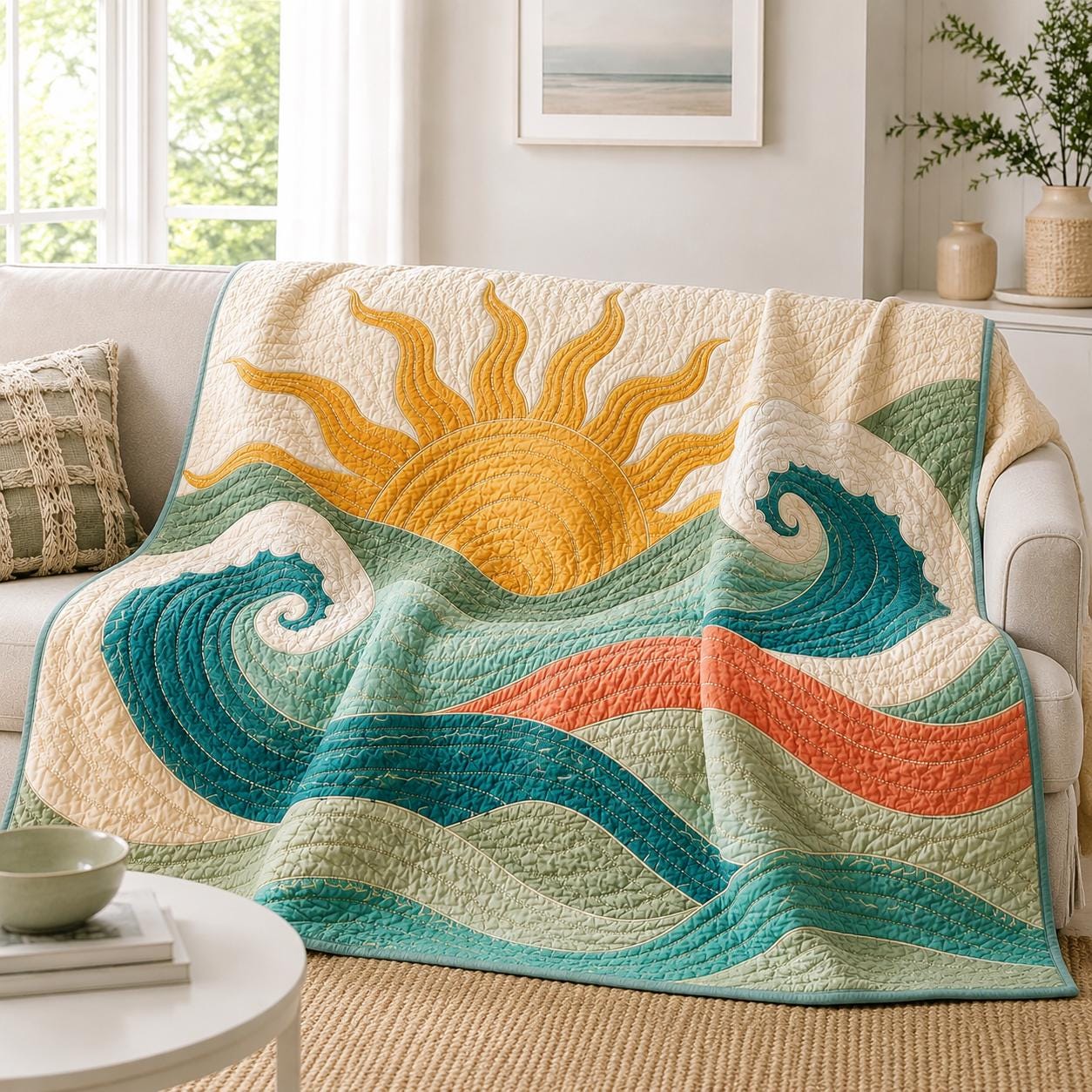Sun Ocean Wave Coastal Beach Throw Quilt Blanket – Summer Sea Bedding and Beach House Decor Gift for Ocean Lovers - photo 9