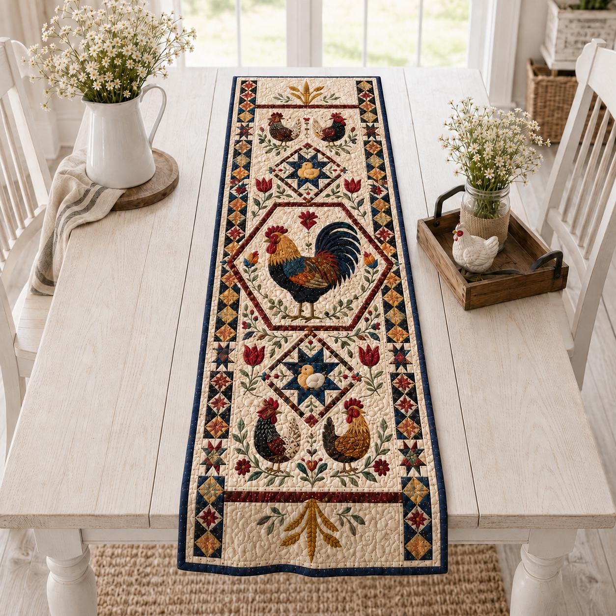 Rooster and Chicken Farmhouse Quilted Table Runner – Barnyard Country Kitchen Decor and Gift for Chicken Lovers