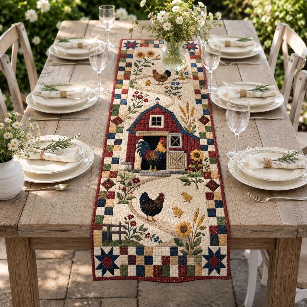 Rooster and Chicken Farmhouse Quilted Table Runner – Barnyard Country Kitchen Decor and Gift for Chicken Lovers - photo 2