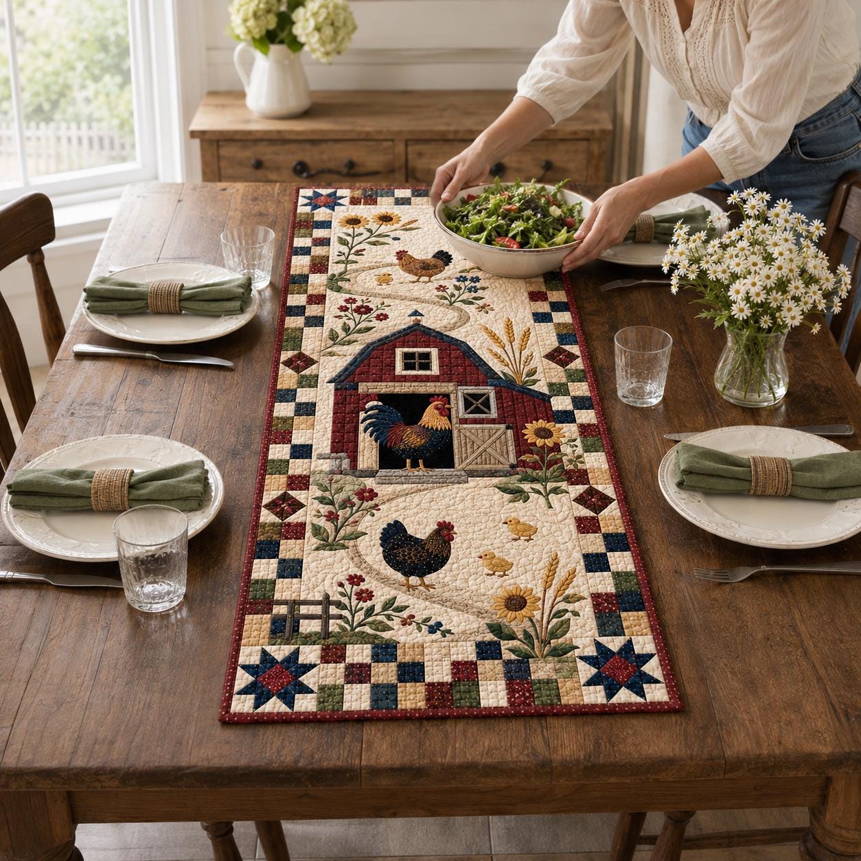 Rooster and Chicken Farmhouse Quilted Table Runner – Barnyard Country Kitchen Decor and Gift for Chicken Lovers - photo 5
